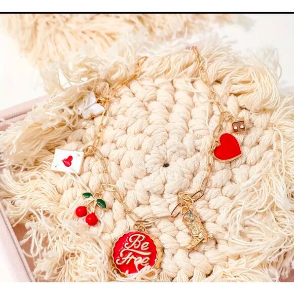 Be Free Charm Necklace Red Enamel Charms Gold Wide Link Chain NWT Cottage - Picture 5 of 6